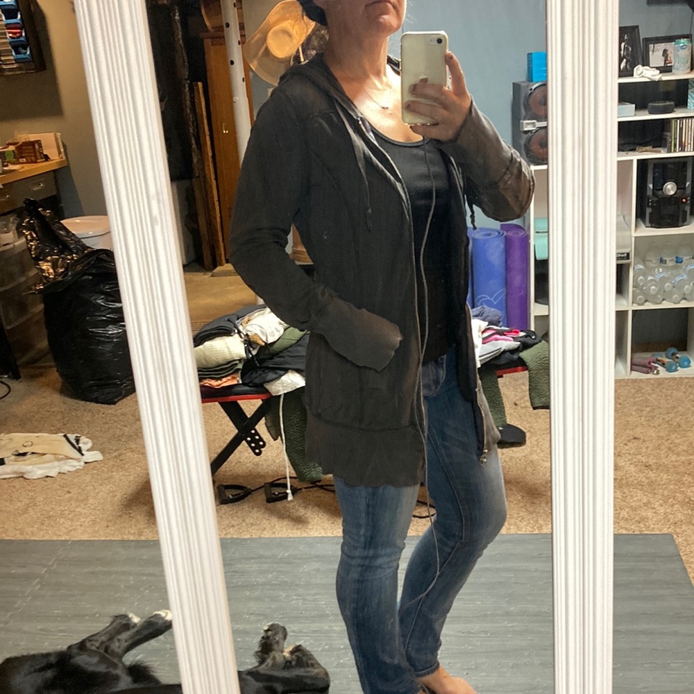 Long zip up sweatshirt.